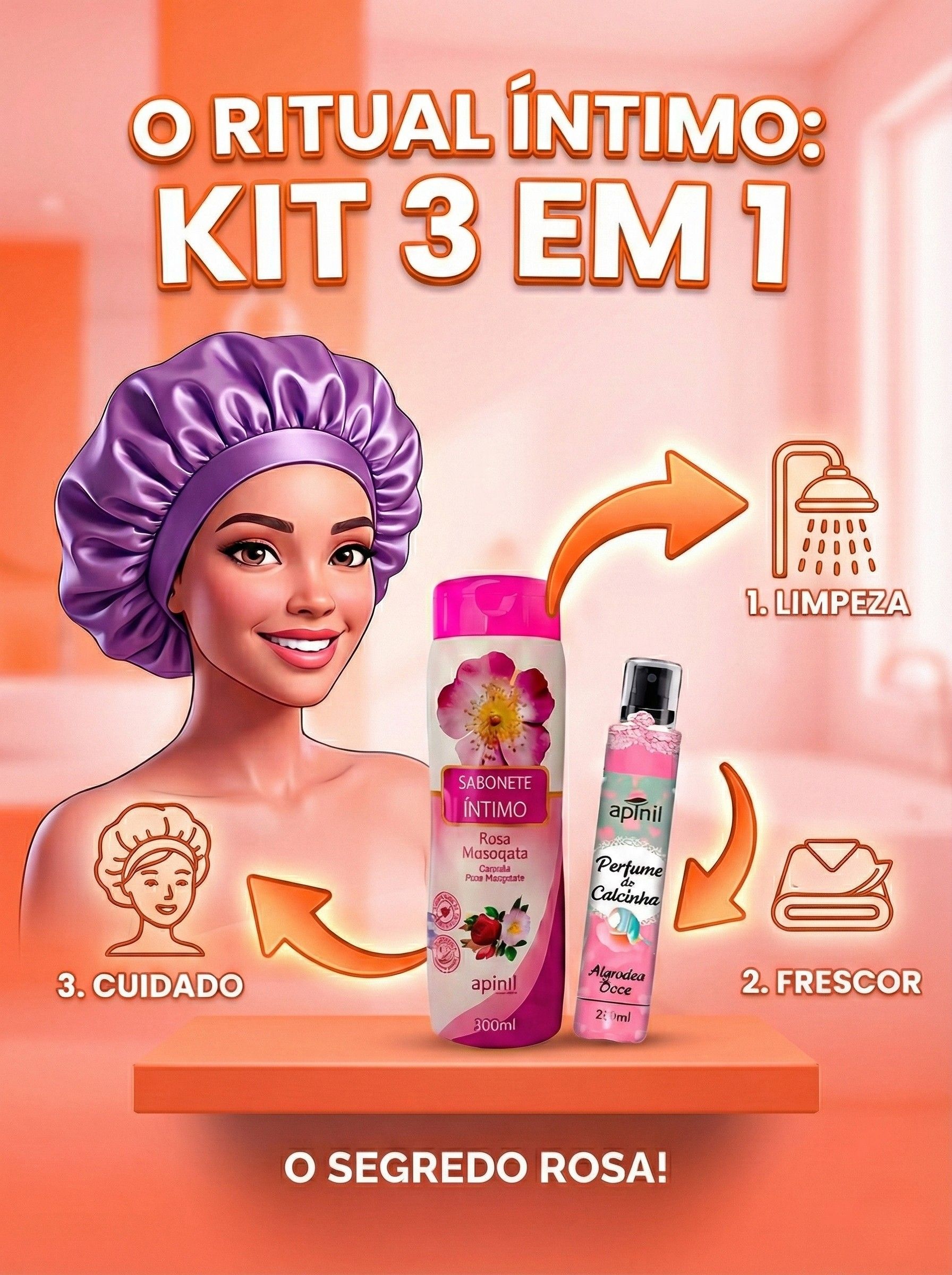 Kit Íntimo 3 em 1: Sabonete + Perfume de Calcinha + Touca de Cetim