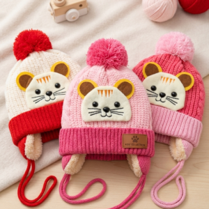 Touca Infantil de Tricô Premium com Protetor de Orelhas e Pompom – Tema Bichinho