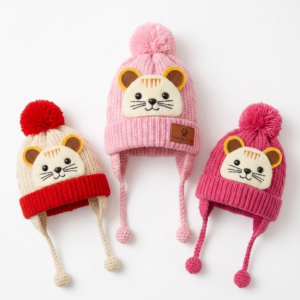 Touca Infantil de Tricô Premium com Protetor de Orelhas e Pompom – Tema Bichinho