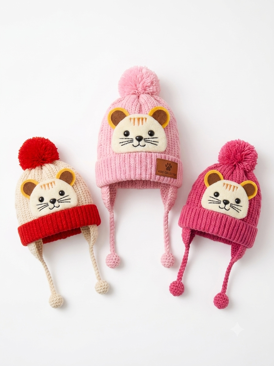 Touca Infantil de Tricô Premium com Protetor de Orelhas e Pompom – Tema Bichinho