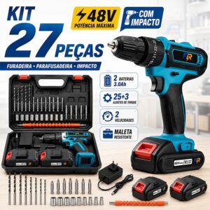 Parafusadeira Furadeira de Impacto 48V Sem Fio Kit 27 Peças com Maleta e Acessórios